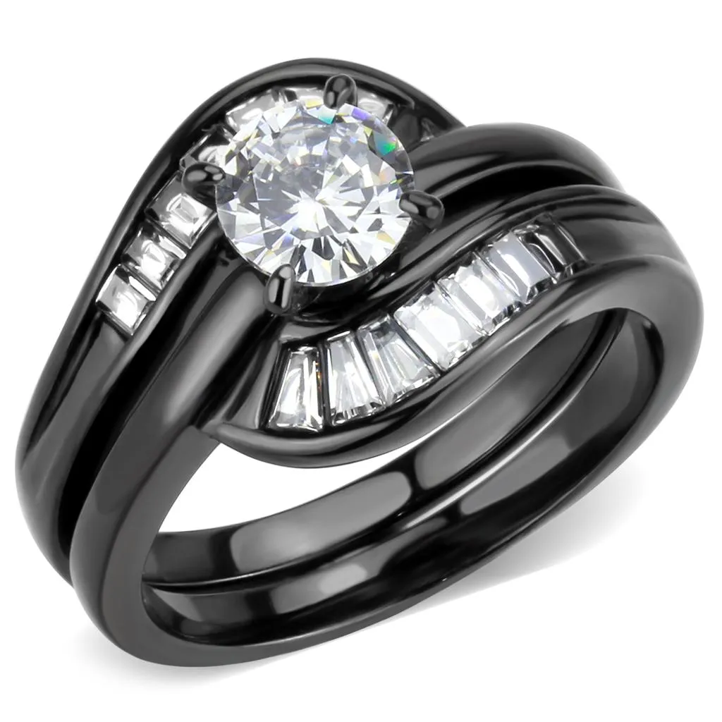 IP Black(Ion Plating) Stainless Steel Ring with AAA Grade CZ in Clear for Women Style TK3693