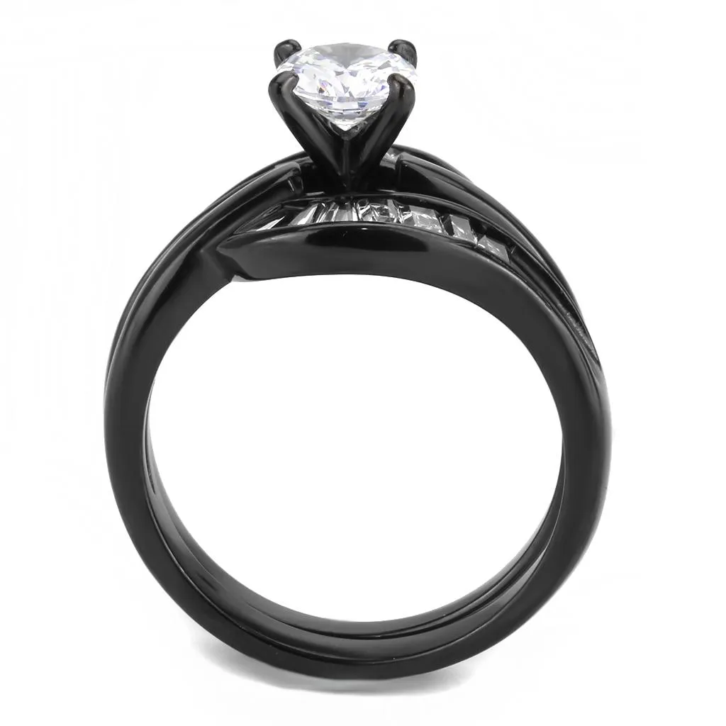 IP Black(Ion Plating) Stainless Steel Ring with AAA Grade CZ in Clear for Women Style TK3693