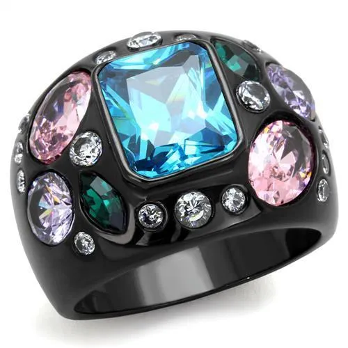 IP Black(Ion Plating) Stainless Steel Ring with AAA Grade CZ in Sea Blue for Women Style TK1790