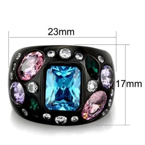 IP Black(Ion Plating) Stainless Steel Ring with AAA Grade CZ in Sea Blue for Women Style TK1790