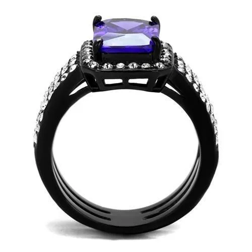 IP Black(Ion Plating) Stainless Steel Ring with AAA Grade CZ in Tanzanite for Women Style TK2486