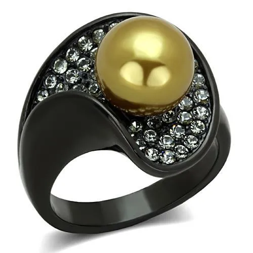 IP Black(Ion Plating) Stainless Steel Ring with Synthetic Pearl in Champagne for Women Style TK1732