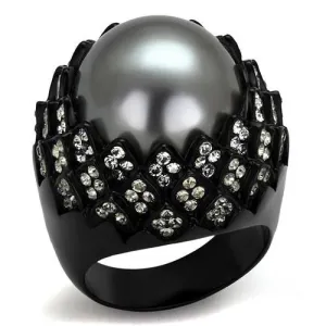 IP Black(Ion Plating) Stainless Steel Ring with Synthetic Pearl in Gray for Women Style TK2483