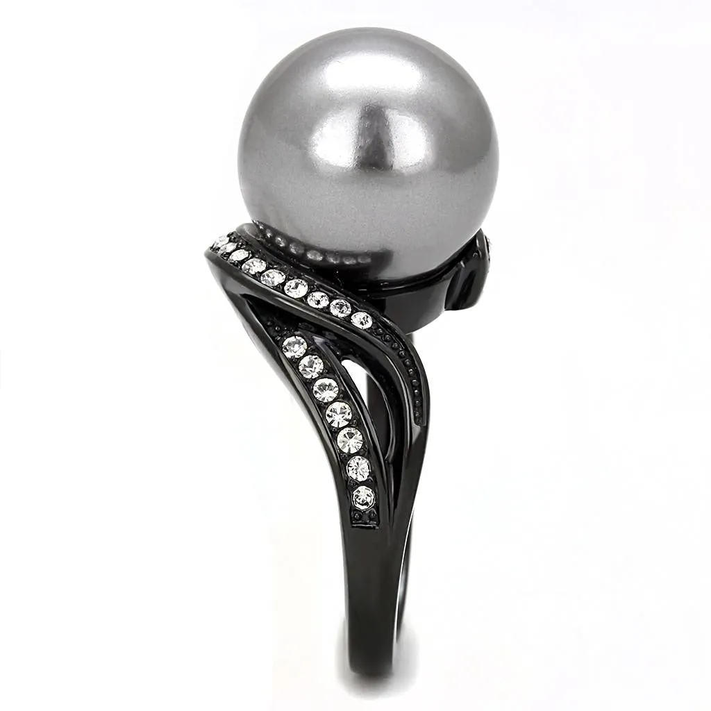 IP Black(Ion Plating) Stainless Steel Ring with Synthetic Pearl in Gray for Women Style TK3052