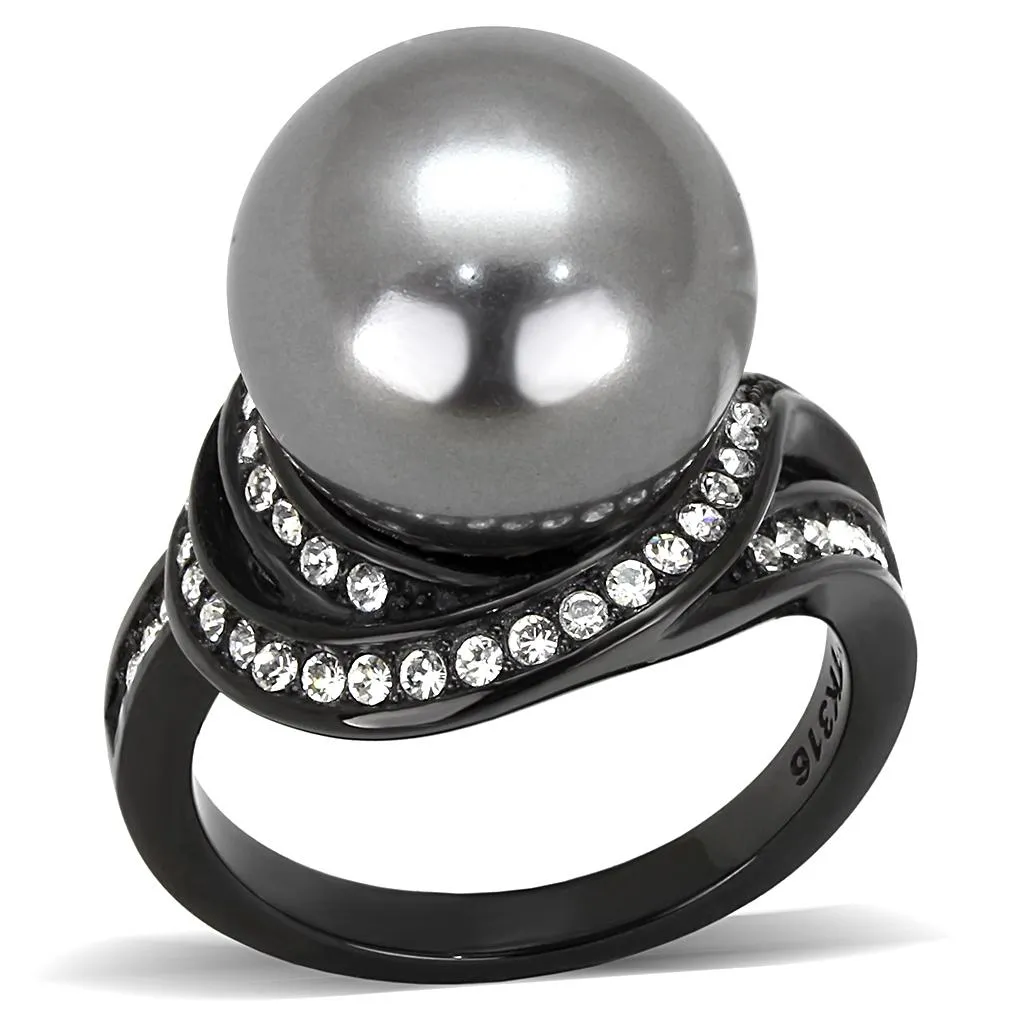 IP Black(Ion Plating) Stainless Steel Ring with Synthetic Pearl in Gray for Women Style TK3052