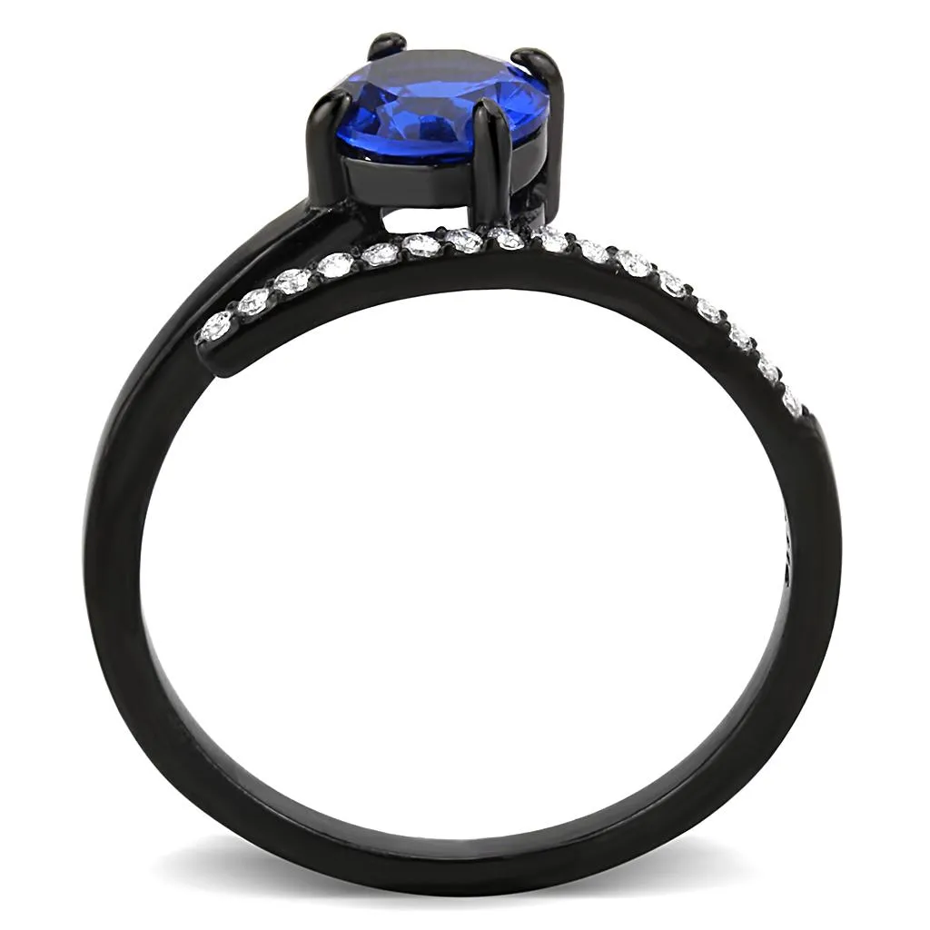 IP Black(Ion Plating) Stainless Steel Ring with Synthetic Spinel in London Blue for Women Style DA038