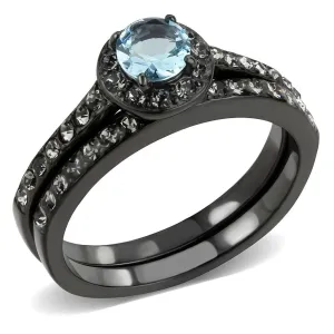 IP Black(Ion Plating) Stainless Steel Ring with Synthetic Synthetic Glass in Sea Blue for Women Style TK3634