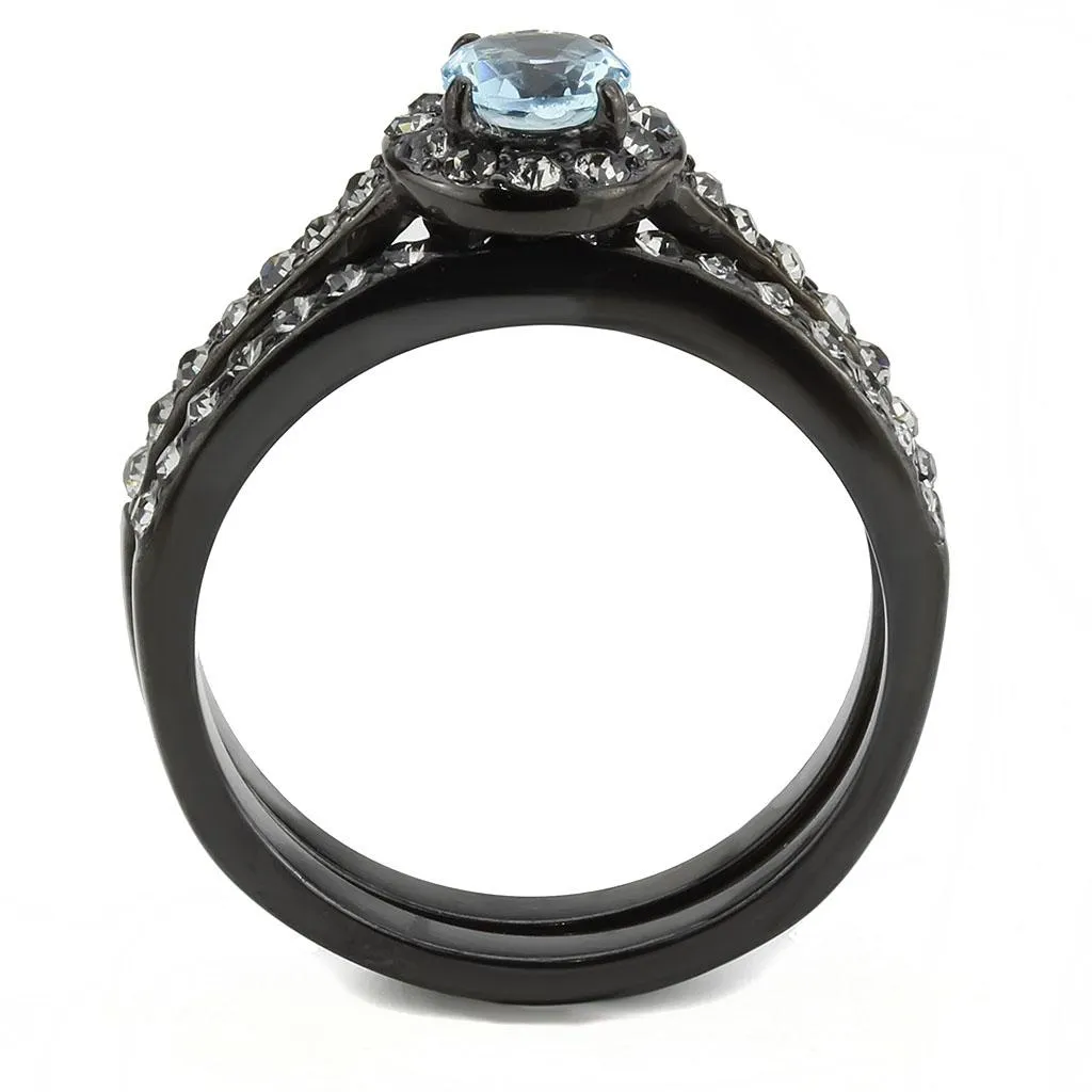 IP Black(Ion Plating) Stainless Steel Ring with Synthetic Synthetic Glass in Sea Blue for Women Style TK3634