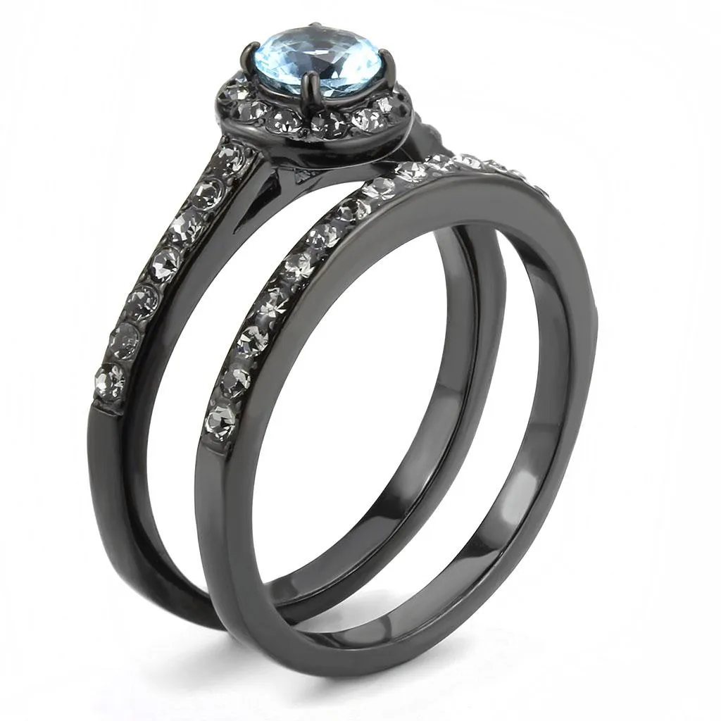 IP Black(Ion Plating) Stainless Steel Ring with Synthetic Synthetic Glass in Sea Blue for Women Style TK3634