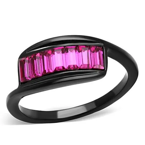 IP Black(Ion Plating) Stainless Steel Ring with Top Grade Crystal in Fuchsia for Women Style TK1664