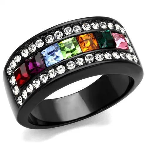 IP Black(Ion Plating) Stainless Steel Ring with Top Grade Crystal in Multi Color for Women Style TK1402J