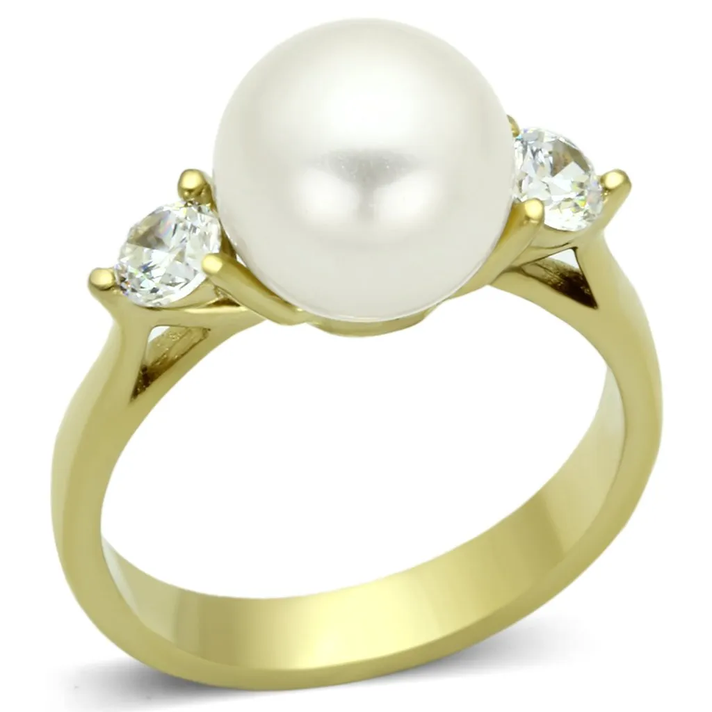 IP Gold(Ion Plating) Stainless Steel Ring with Synthetic Pearl in White for Women Style TK1103