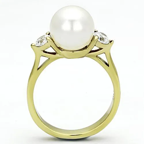 IP Gold(Ion Plating) Stainless Steel Ring with Synthetic Pearl in White for Women Style TK1103