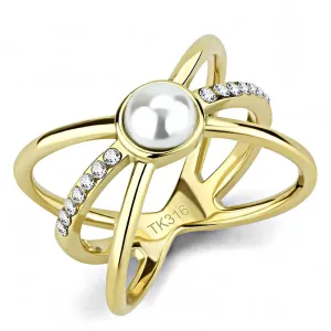 IP Gold(Ion Plating) Stainless Steel Ring with Synthetic Pearl in White for Women Style TK3522