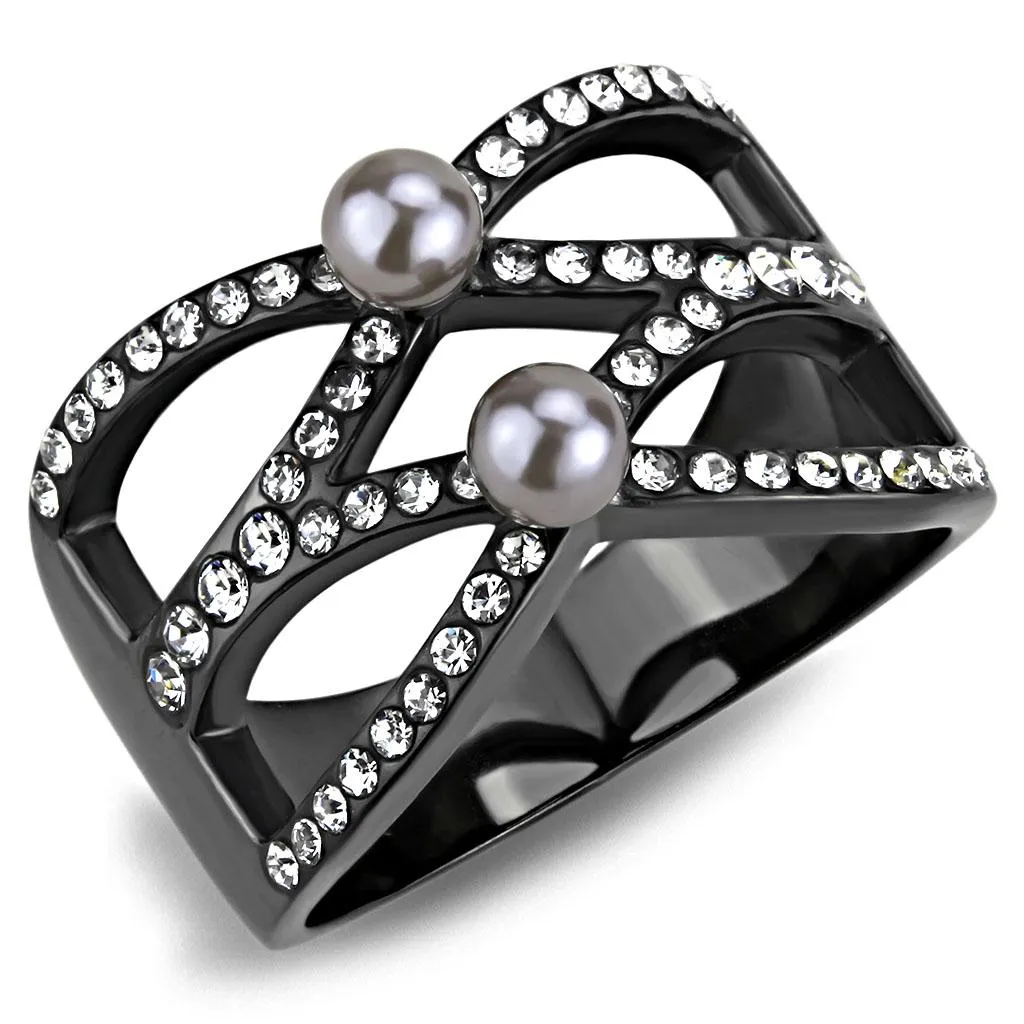 IP Light Black (IP Gun) Stainless Steel Ring with Synthetic Pearl in Gray for Women Style TK3515