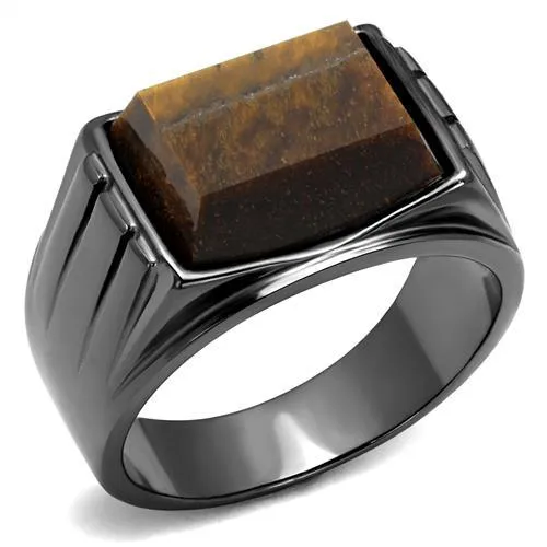 IP Light Black (IP Gun) Stainless Steel Ring with Synthetic Tiger Eye in Topaz for Women Style TK3001