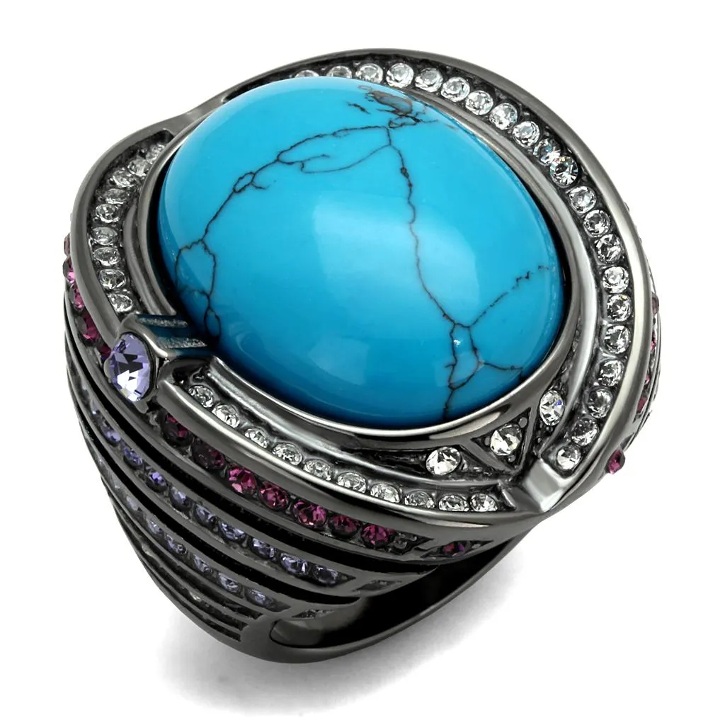 IP Light Black (IP Gun) Stainless Steel Ring with Synthetic Turquoise in Sea Blue for Women Style TK2983