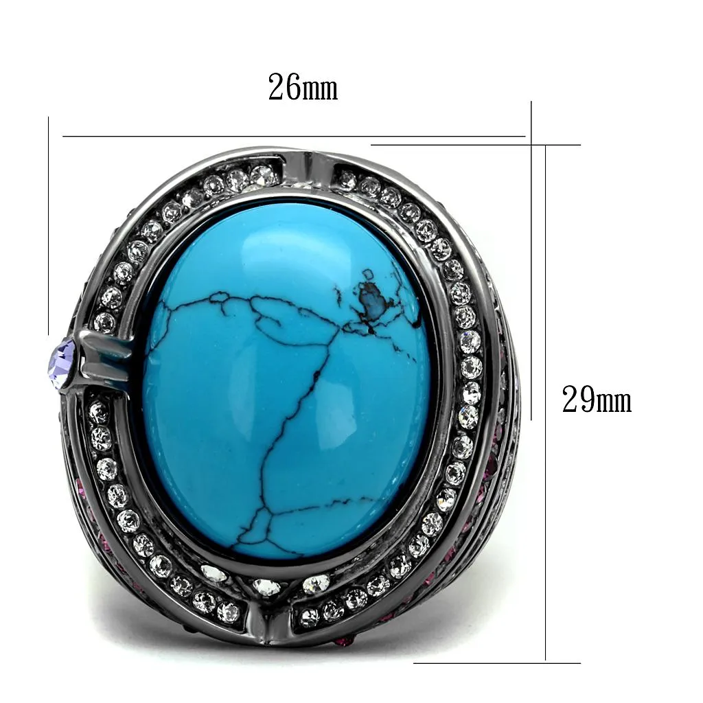 IP Light Black (IP Gun) Stainless Steel Ring with Synthetic Turquoise in Sea Blue for Women Style TK2983