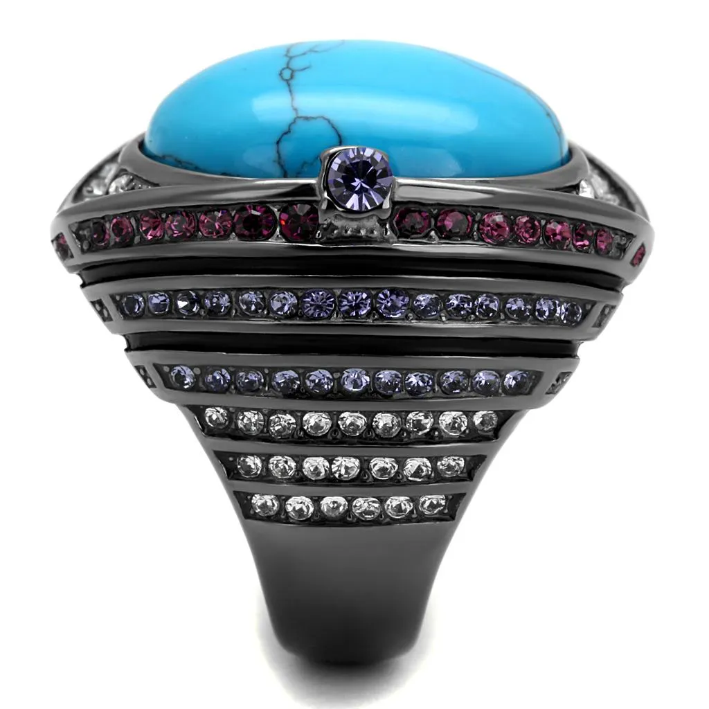 IP Light Black (IP Gun) Stainless Steel Ring with Synthetic Turquoise in Sea Blue for Women Style TK2983