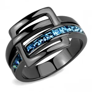 IP Light Black (IP Gun) Stainless Steel Ring with Top Grade Crystal in Sea Blue for Women Style TK3451