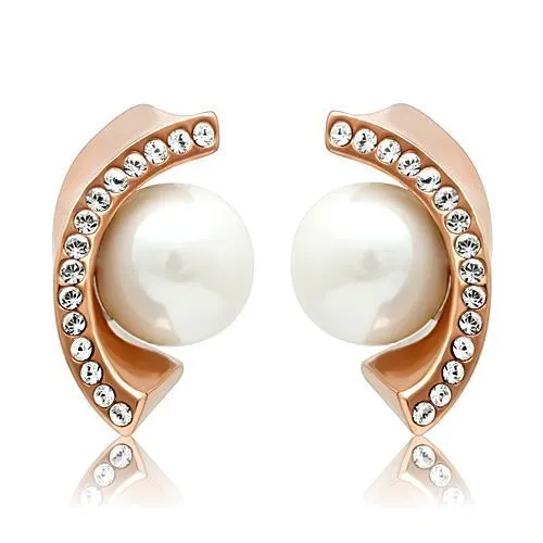 IP Rose Gold(Ion Plating) Stainless Steel Earrings with Synthetic Pearl in White for Women White Stone Color Style TK1510