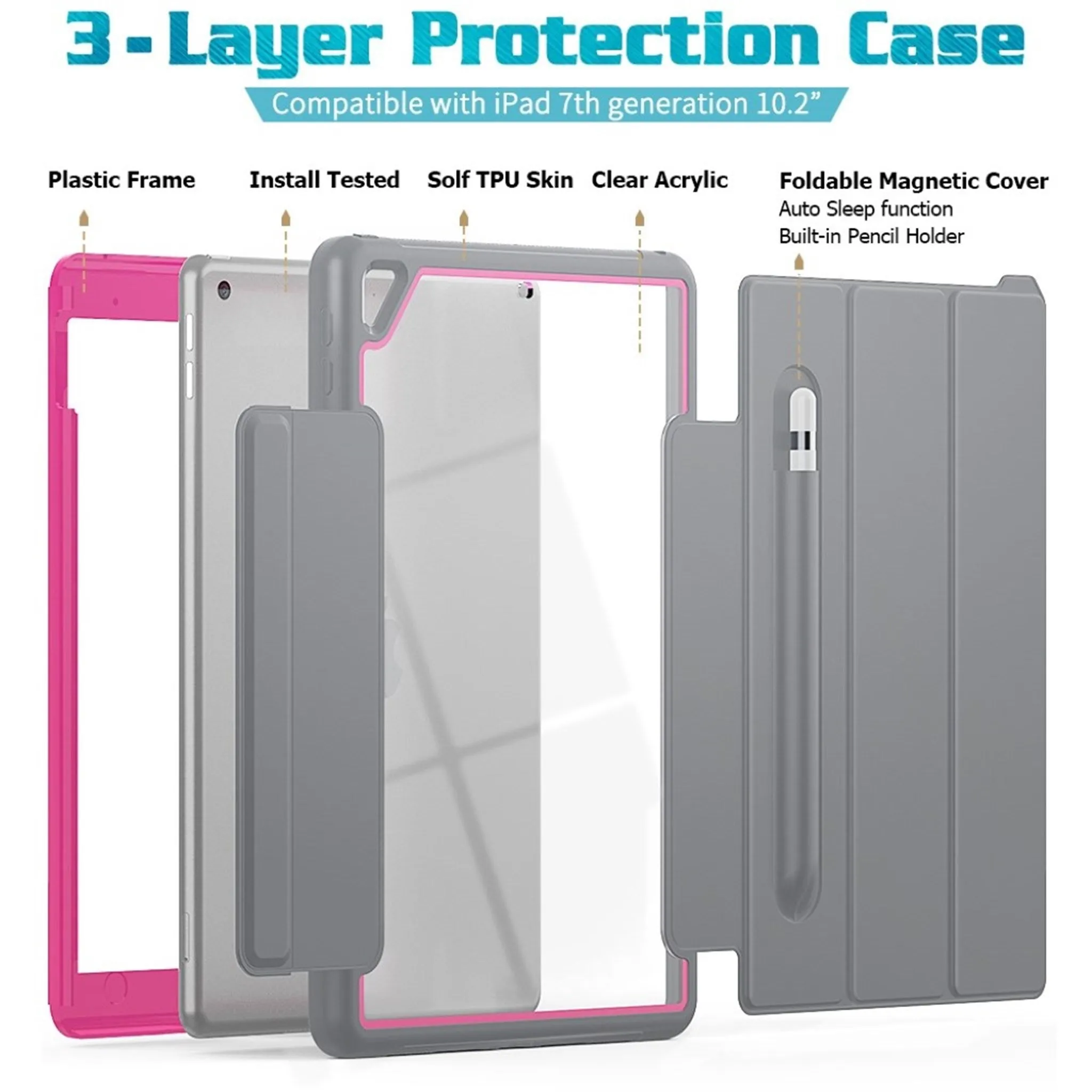 iPad 10.2 (2019) elegant tri-fold case - Grey / Rose