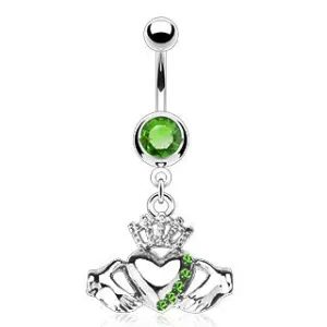 Irish Claddagh Dangling Belly Ring w/Green Crystals