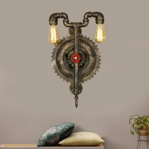 Iron Wall Sconce Light with Exposed Bulbs, Gear, and Pipe Industrial Design - Restaurant Lighting in Bronze (2 Heads)