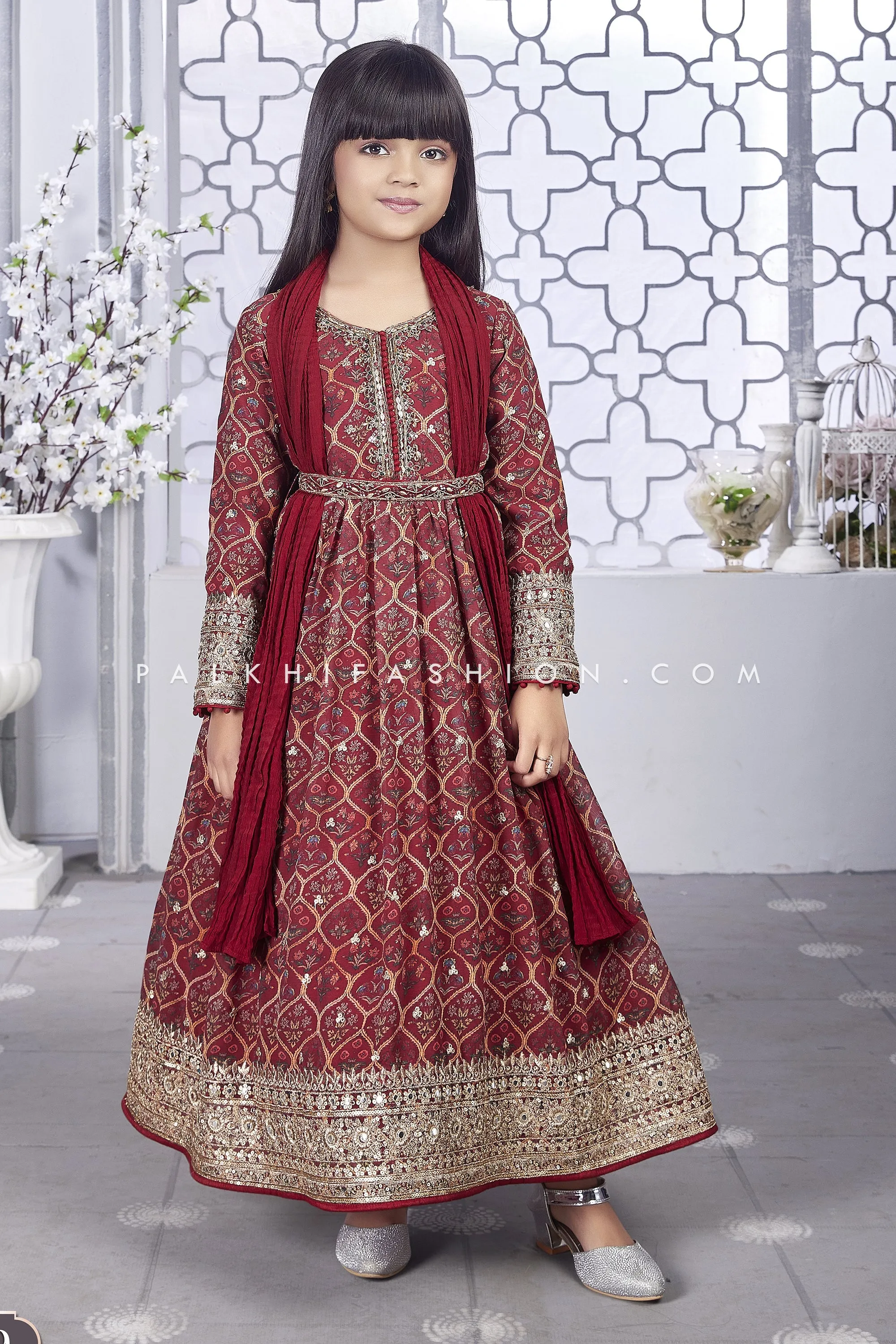 Irresistible Maroon Girls Outfit With Elegant Work