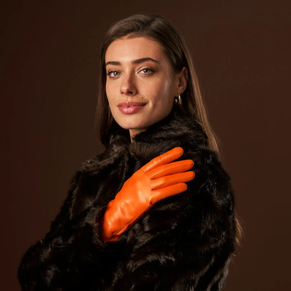 Isabella (orange) - Italian lambskin leather gloves with luxurious cashmere lining