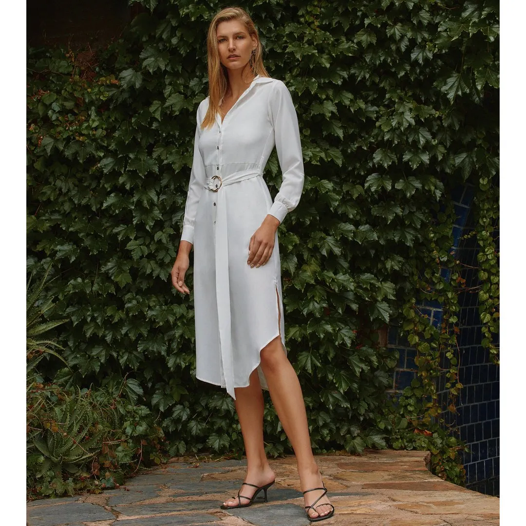 ISLA White Long Sleeve Midi Shirt Dress