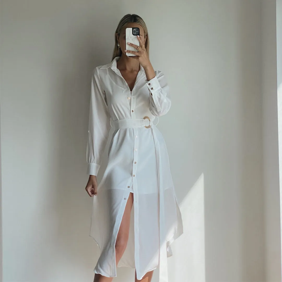 ISLA White Long Sleeve Midi Shirt Dress