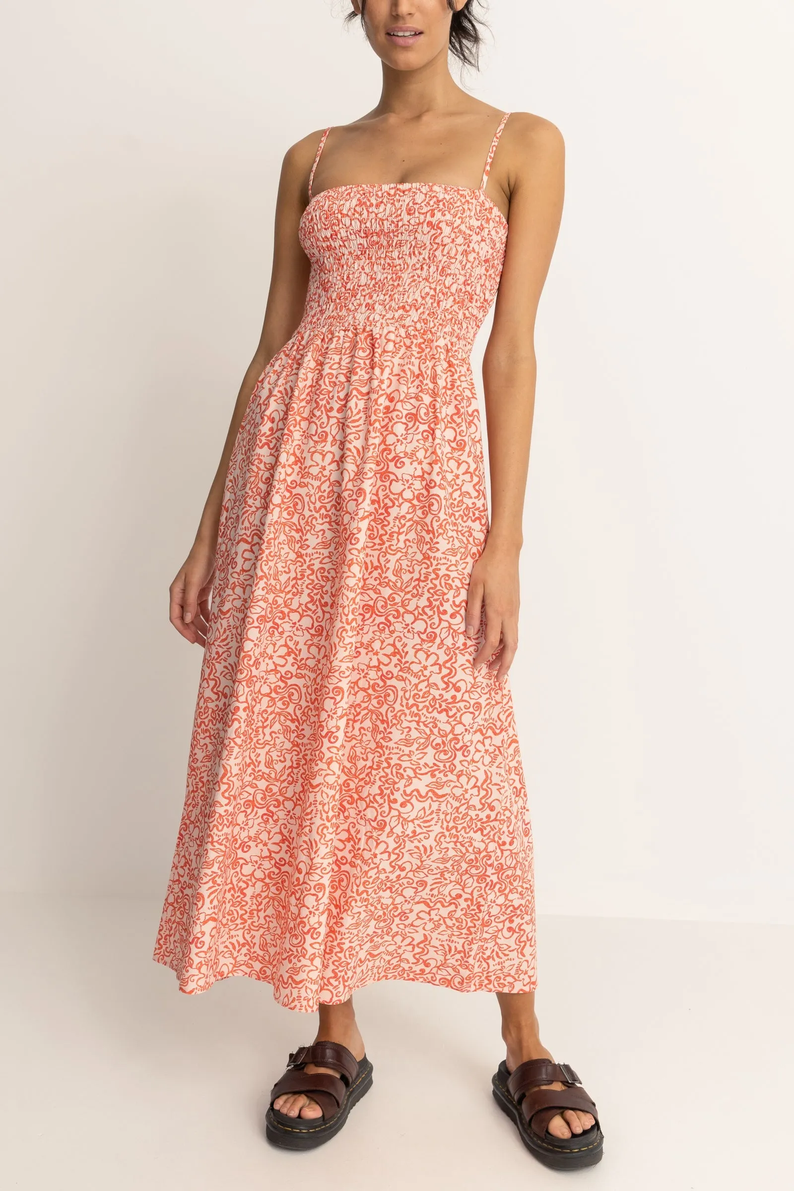 Islander Floral Shirred Midi Dress Coral