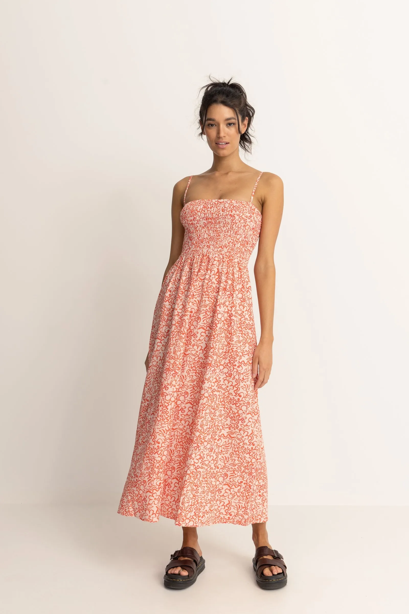 Islander Floral Shirred Midi Dress Coral