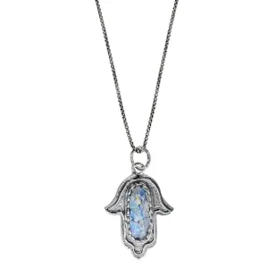 Israeli Iridescent Roman Glass Hamsa Protection Necklace