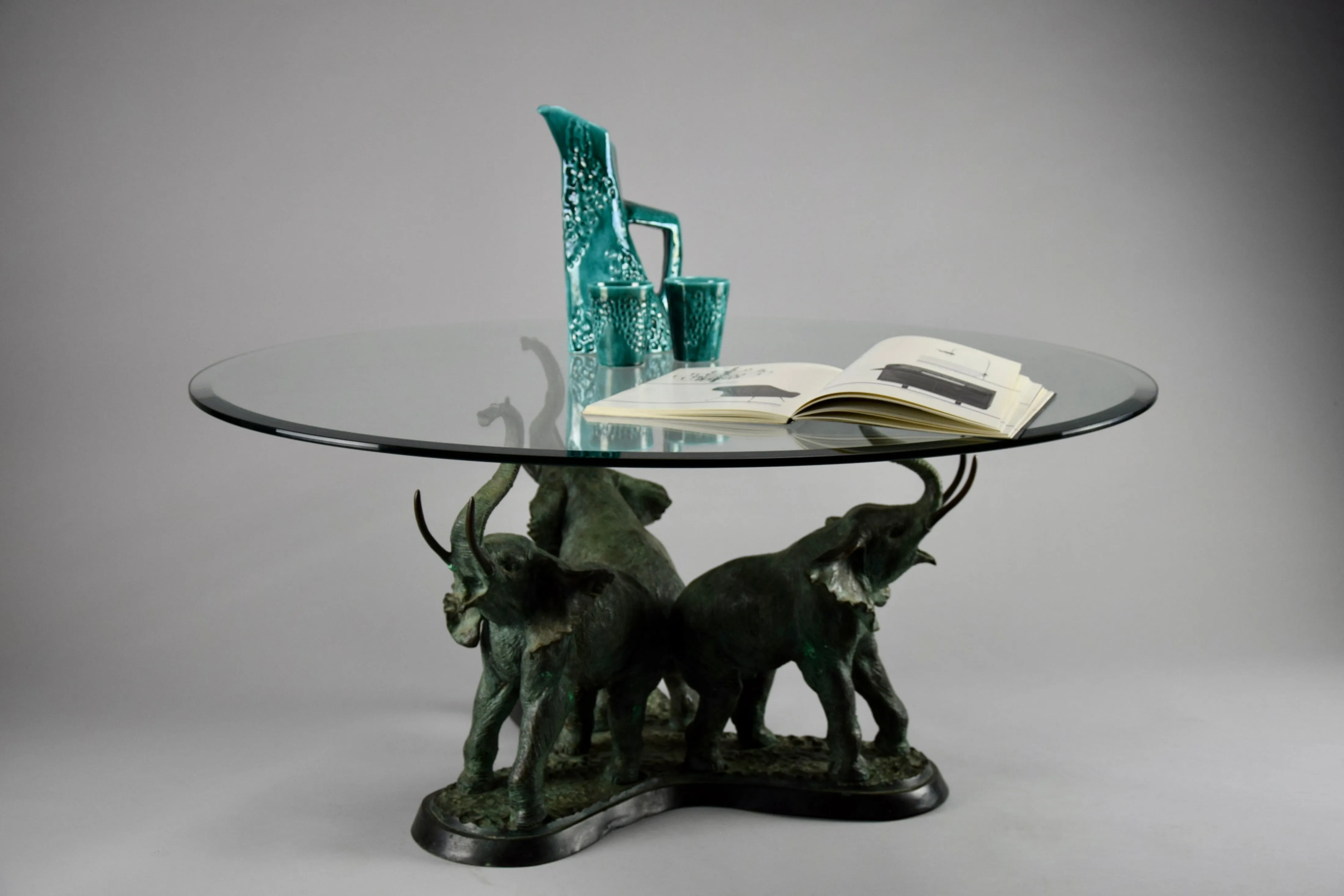 Italian 1970 Brass Elephants Coffee Table with Glass Round Top