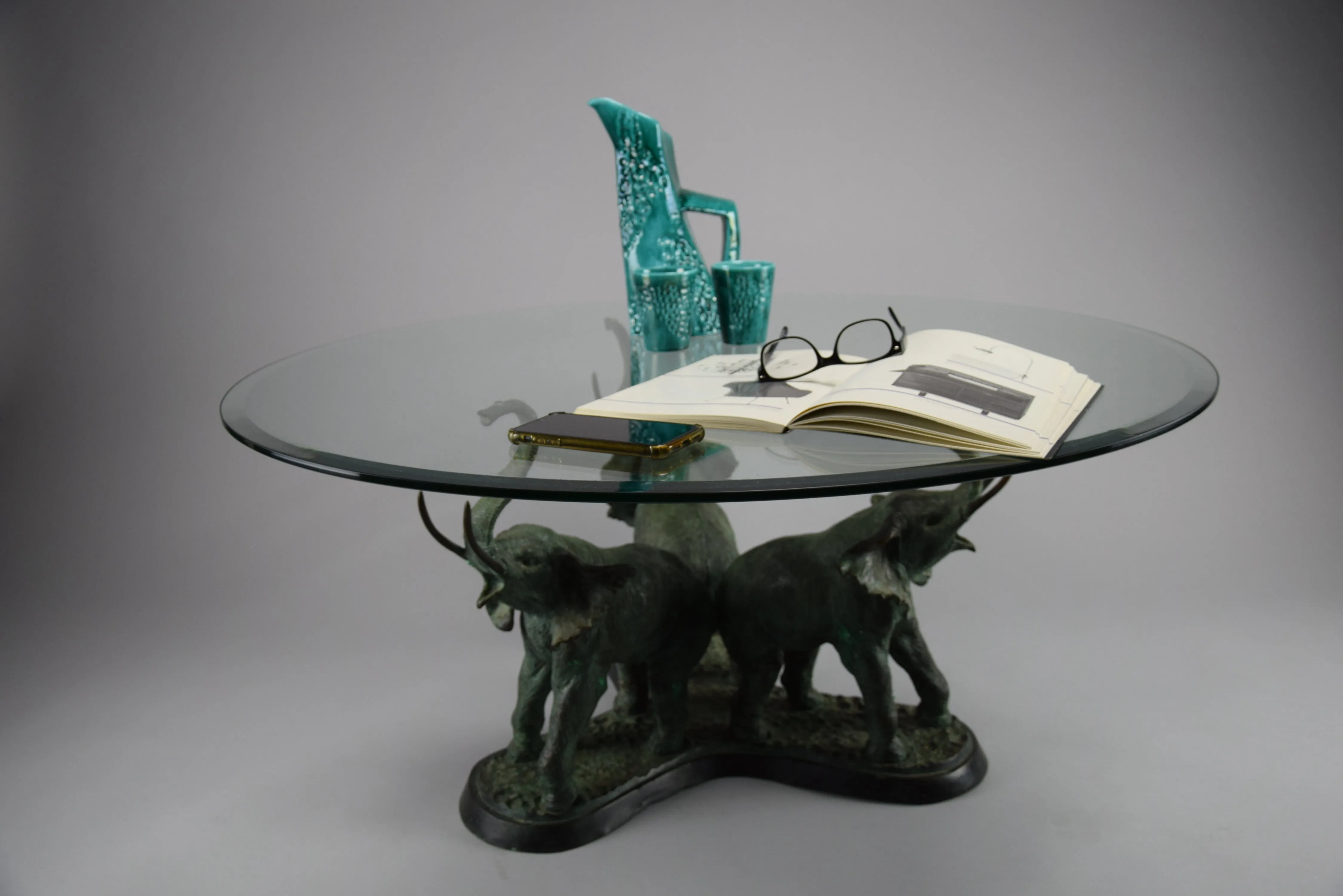 Italian 1970 Brass Elephants Coffee Table with Glass Round Top