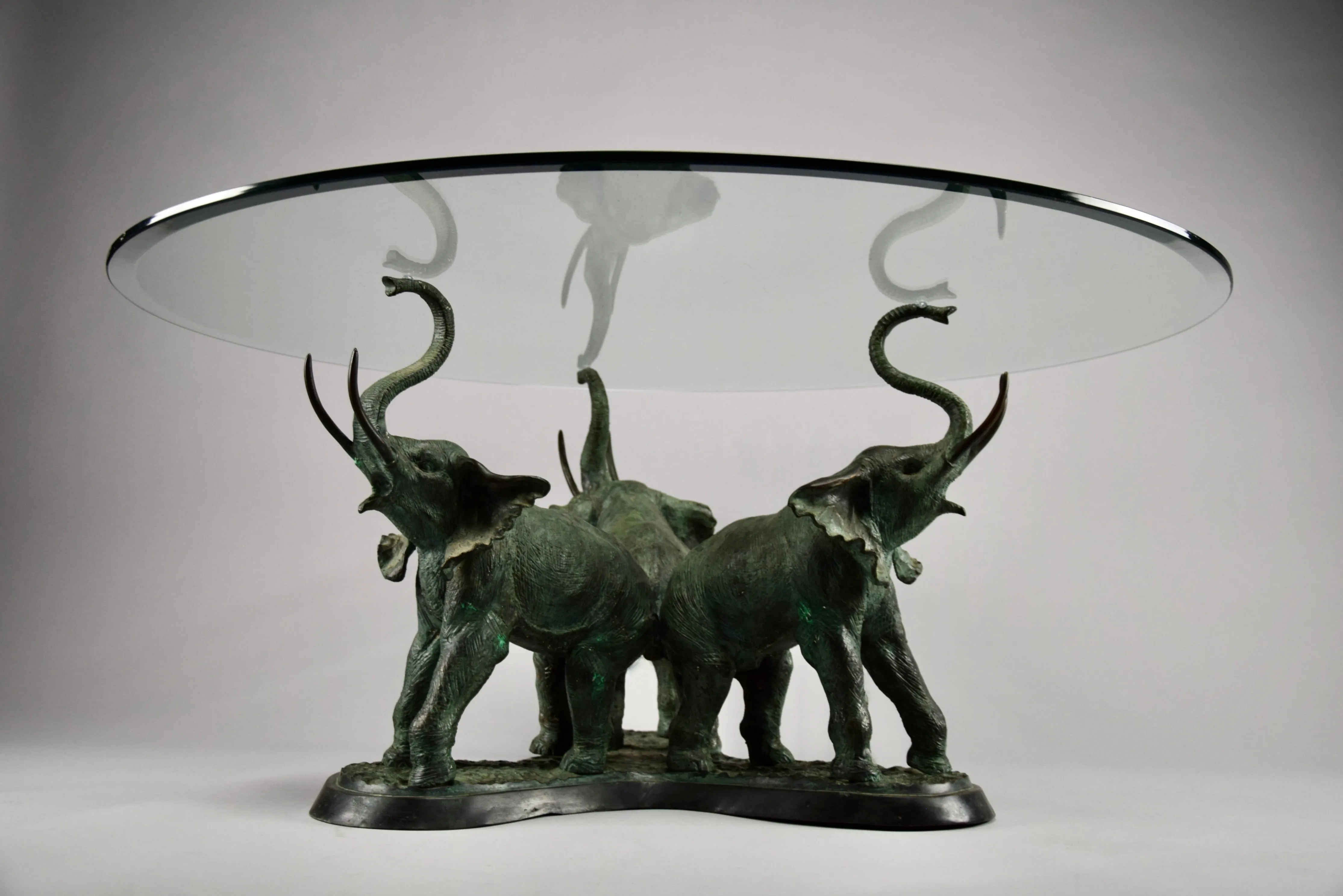 Italian 1970 Brass Elephants Coffee Table with Glass Round Top