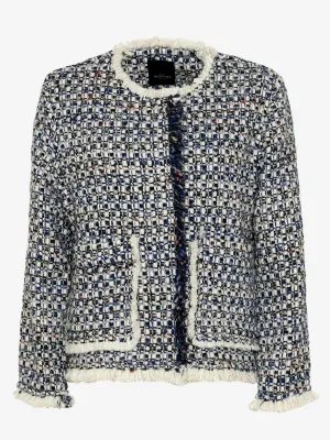 Italian Tweed Round Neck Jacket with Fringe - Medium Blue