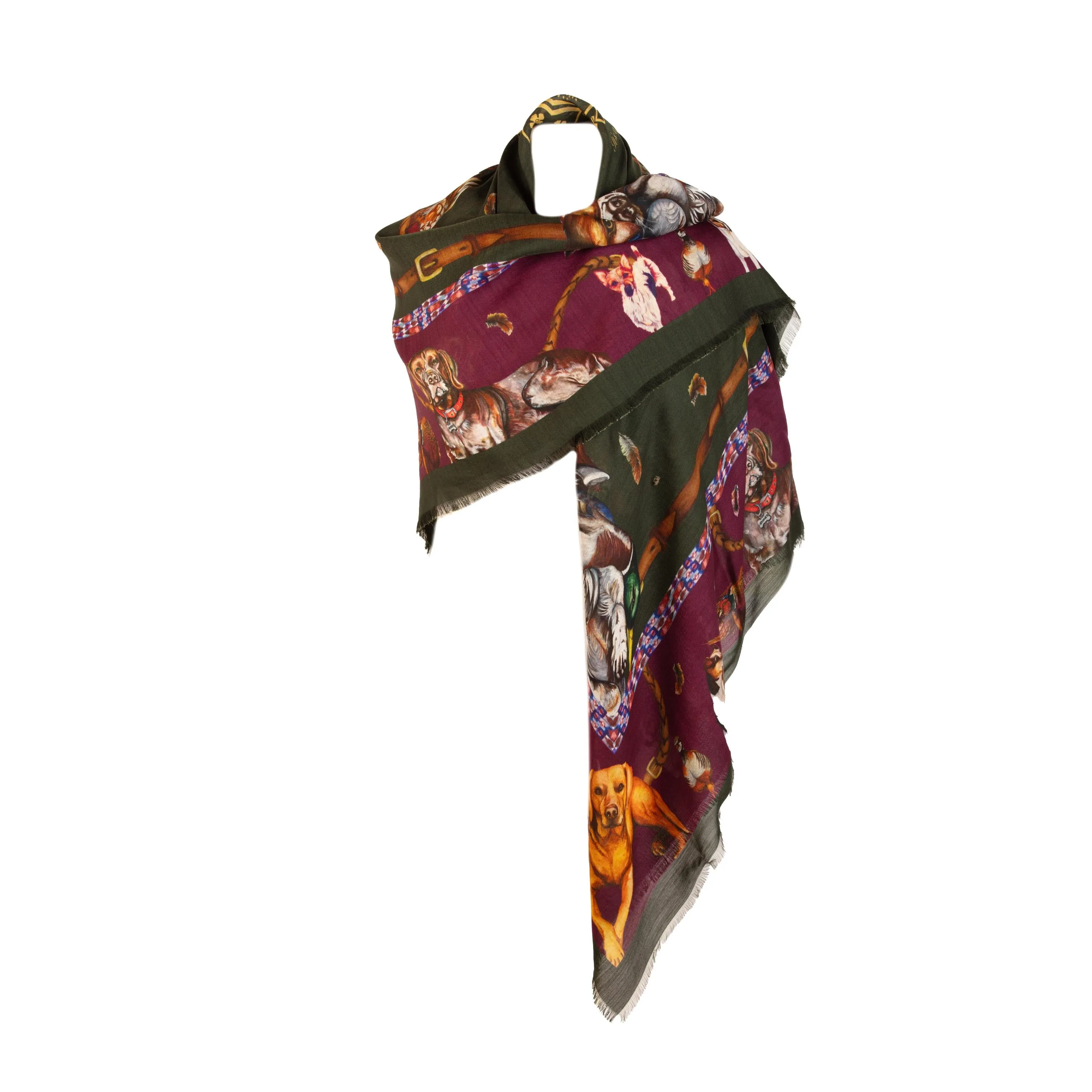 It’s A Dogs Life Hunter Green & Oxblood Red Wool Silk Shawl