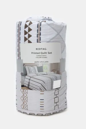 Ivory 2 Piece Geometric Printed Quilt (Single Size)