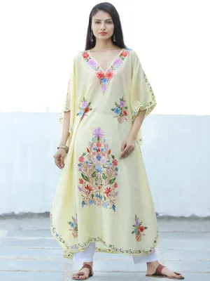 Ivory Aari Embroidered Kashmere Free Size Long Kaftan in Crushed Cotton - K11K058