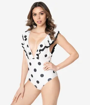 Ivory & Black Polka Dot Plunging Ruffled One Piece