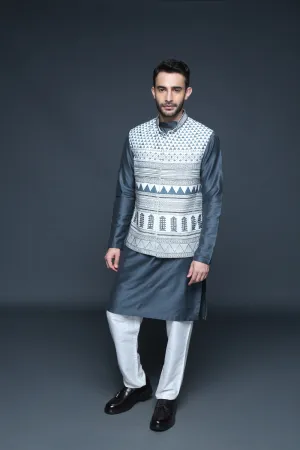 Ivory & Grey Hand Block Printed Embroidered Bundi Kurta Set