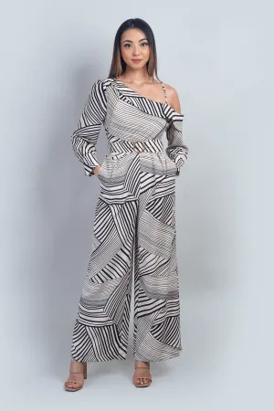 Ivory and Black Abstract Print Asymmetrical Shoulder Jumpsuit