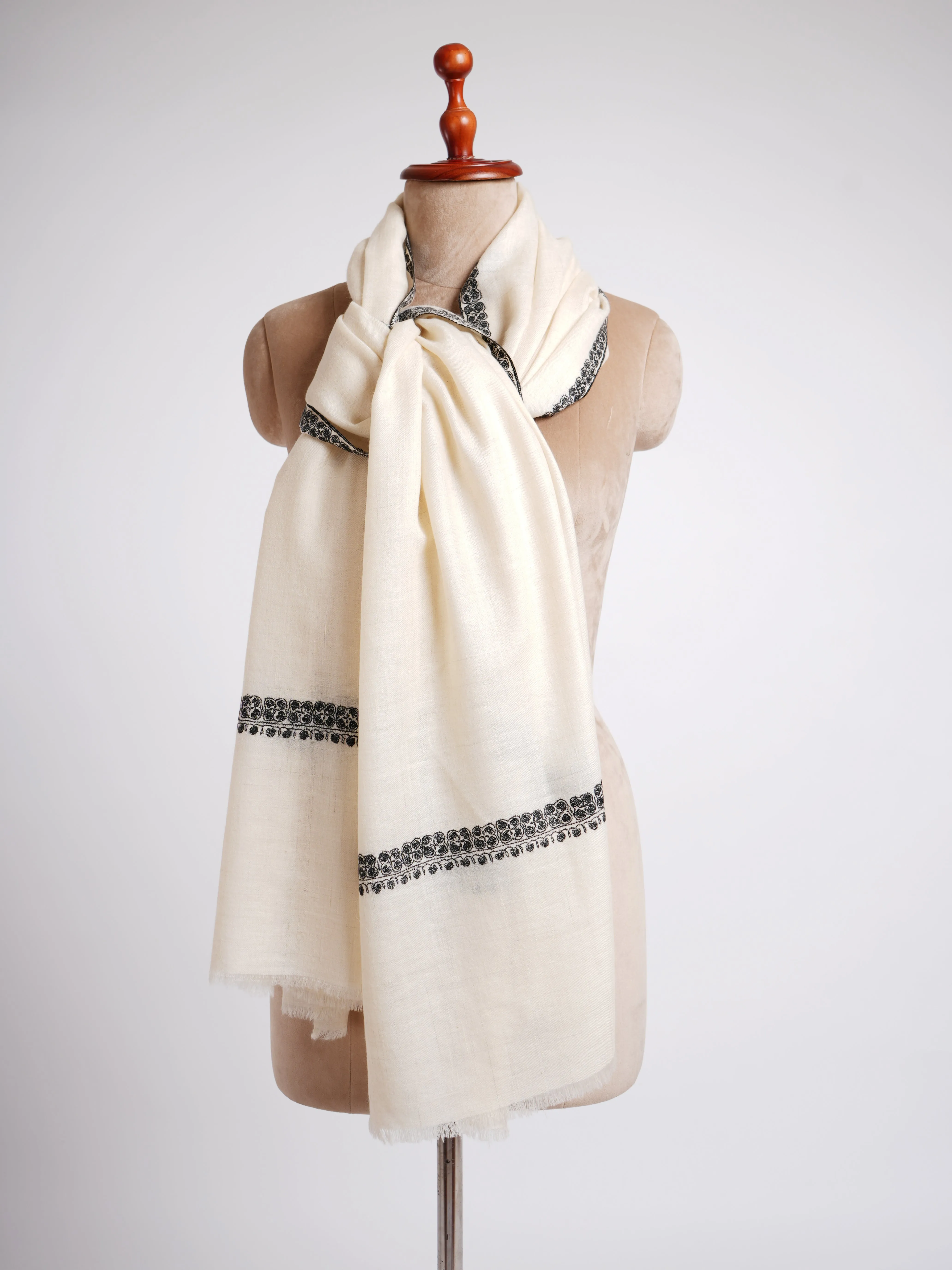 Ivory and Black Hand Sozni Work Pashmina Shawl