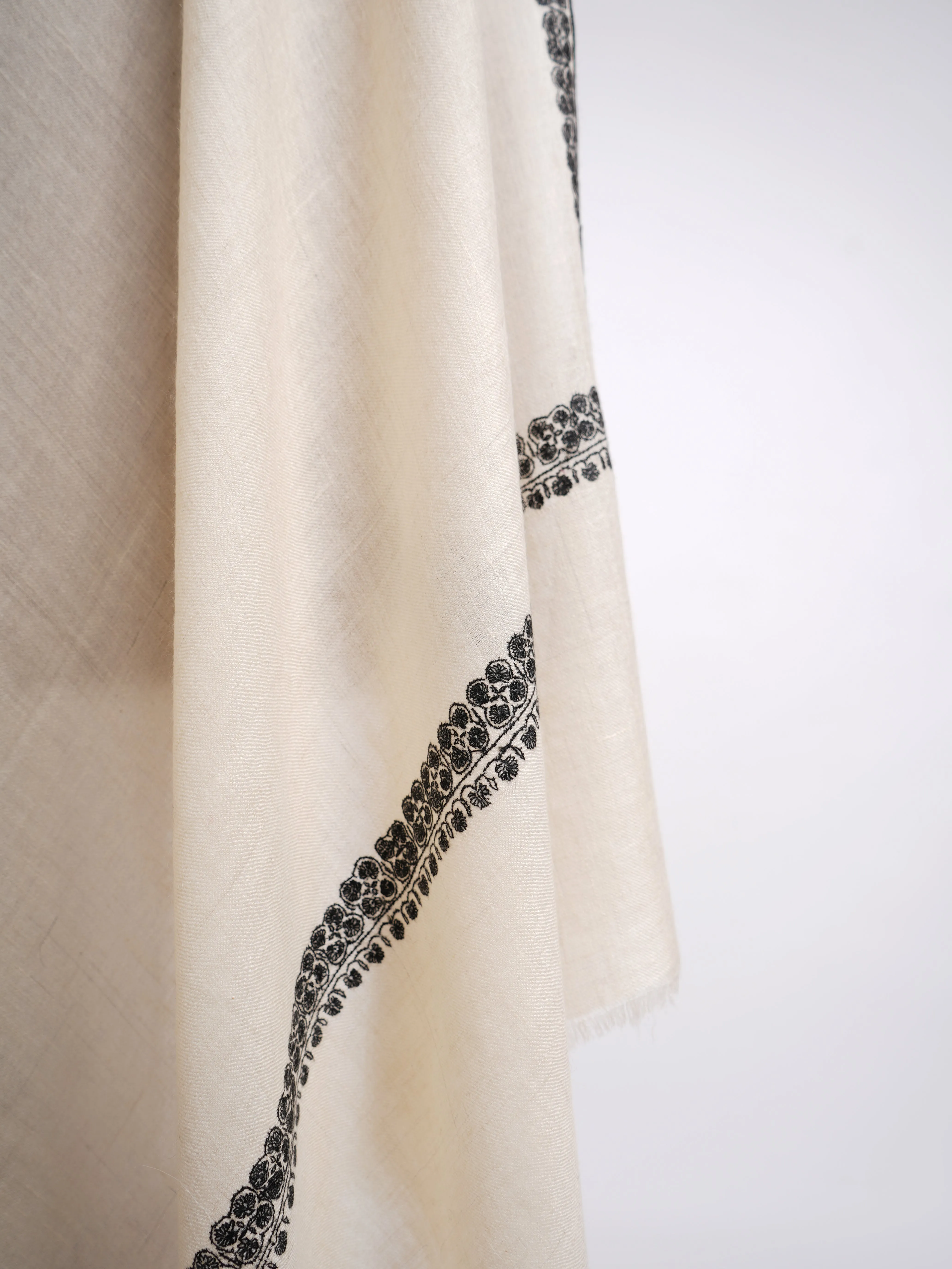 Ivory and Black Hand Sozni Work Pashmina Shawl