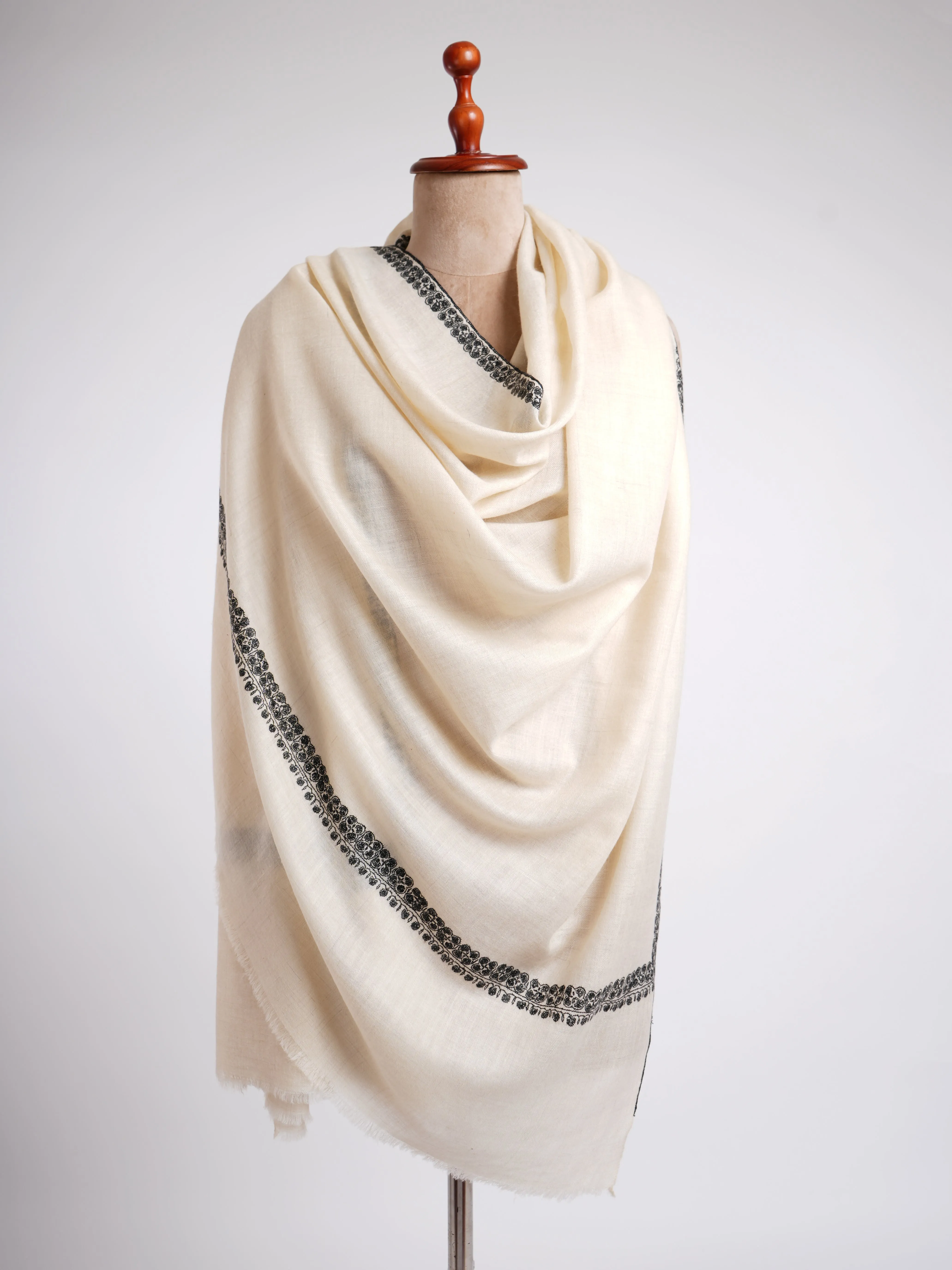 Ivory and Black Hand Sozni Work Pashmina Shawl