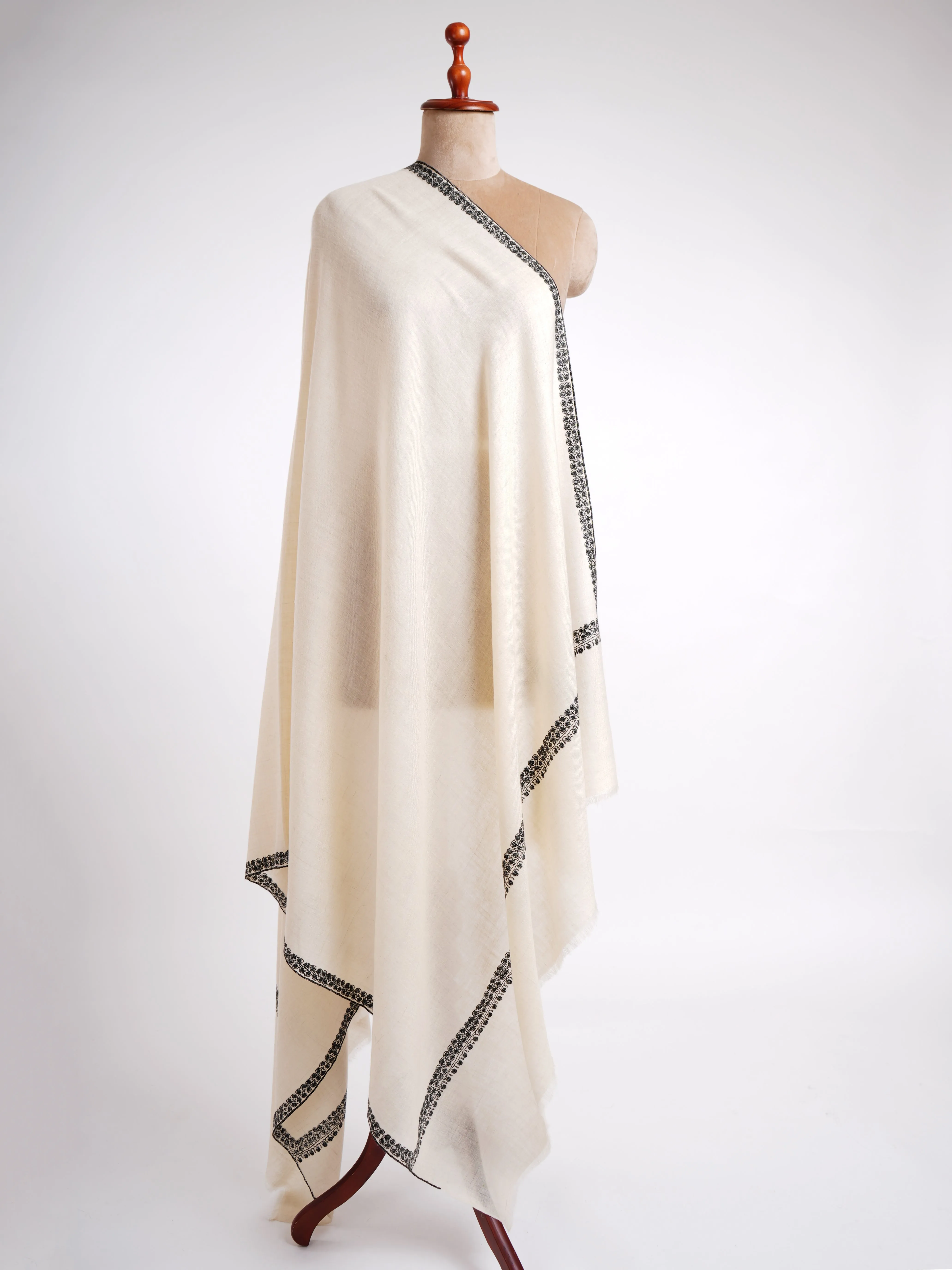 Ivory and Black Hand Sozni Work Pashmina Shawl