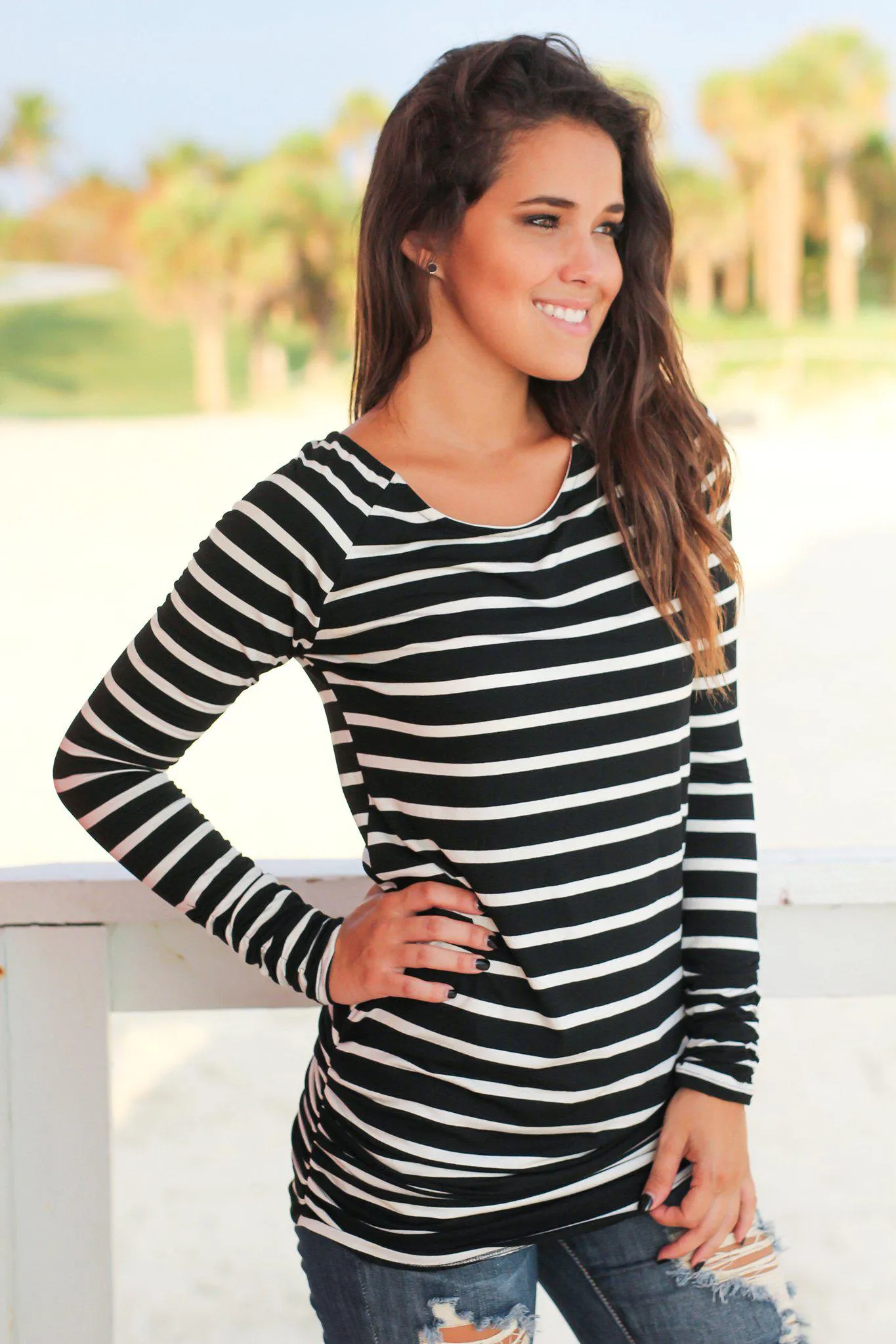 Ivory and Black Striped Ruched Tunic